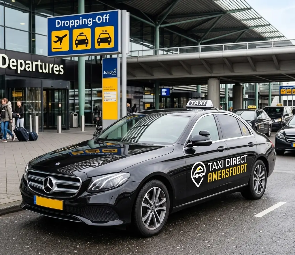 Schone en moderne Mercedes taxi van Taxi Direct Amersfoort met logo bij de vertrekhal van luchthaven Schiphol.
